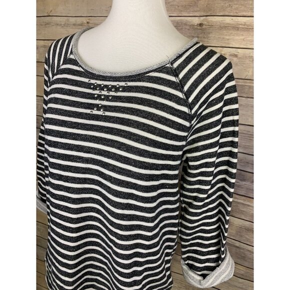 Anne Klein Large Striped French Terry Shirt Silver Collar Detail Raw Hem - Picture 3 of 9